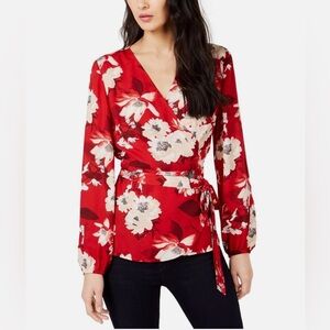 INC International Concepts Red Floral Wrap Blouse